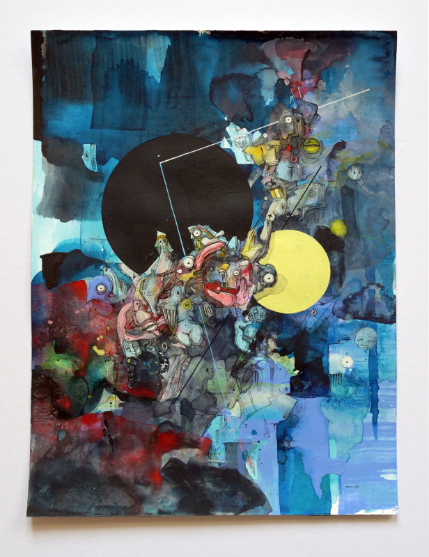 Genau ! | 2024 | 40x30cm | Peer Kriesel Wimmelbild | Mischtechnik auf Papier, gerahmt
